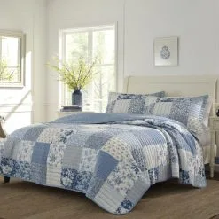 Laura Ashley Paisley Printed Cotton Coverlet Set 220x240cm Blue 220 X 240 Cm